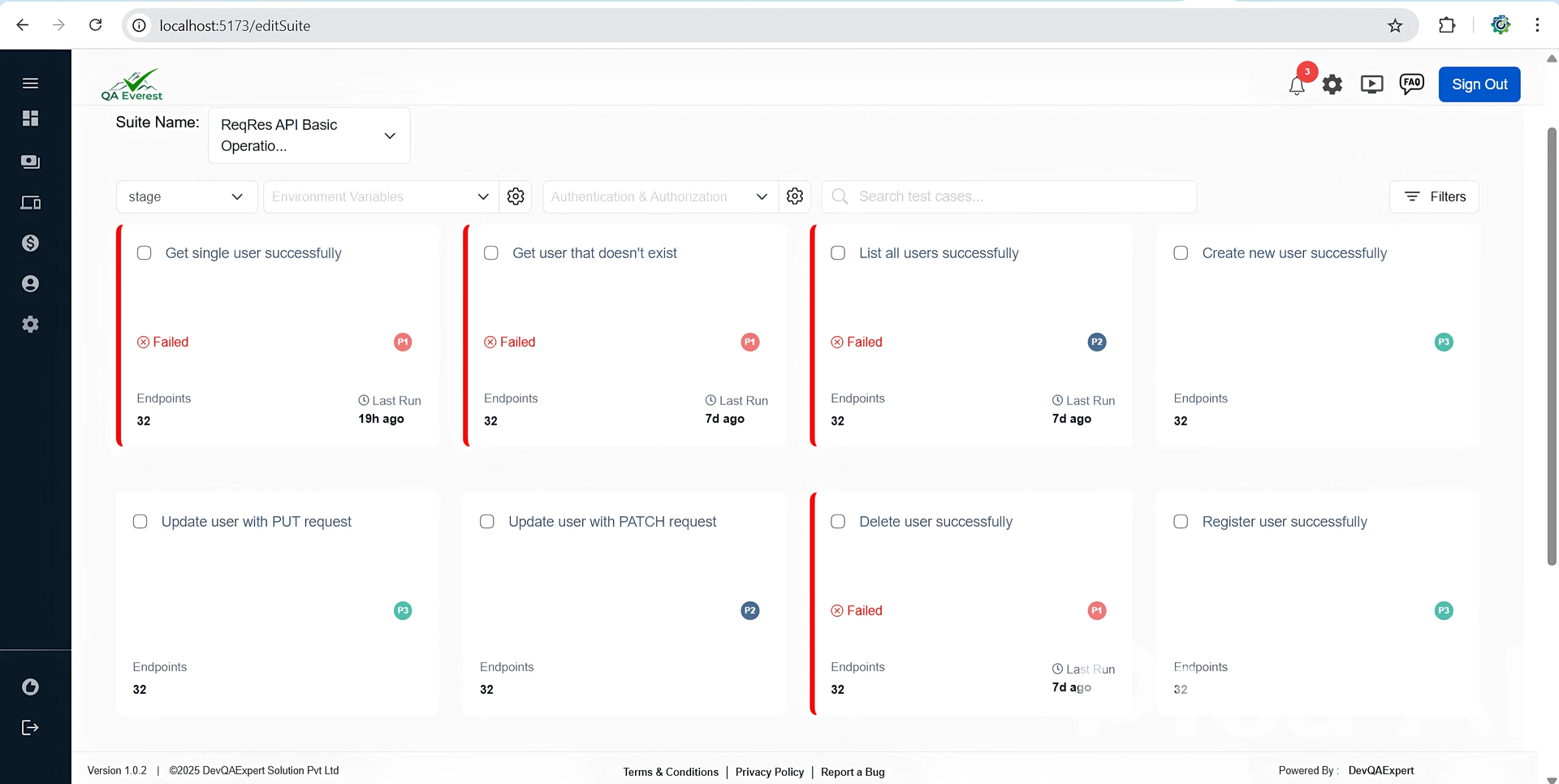 QAEverest API test execution results dashboard