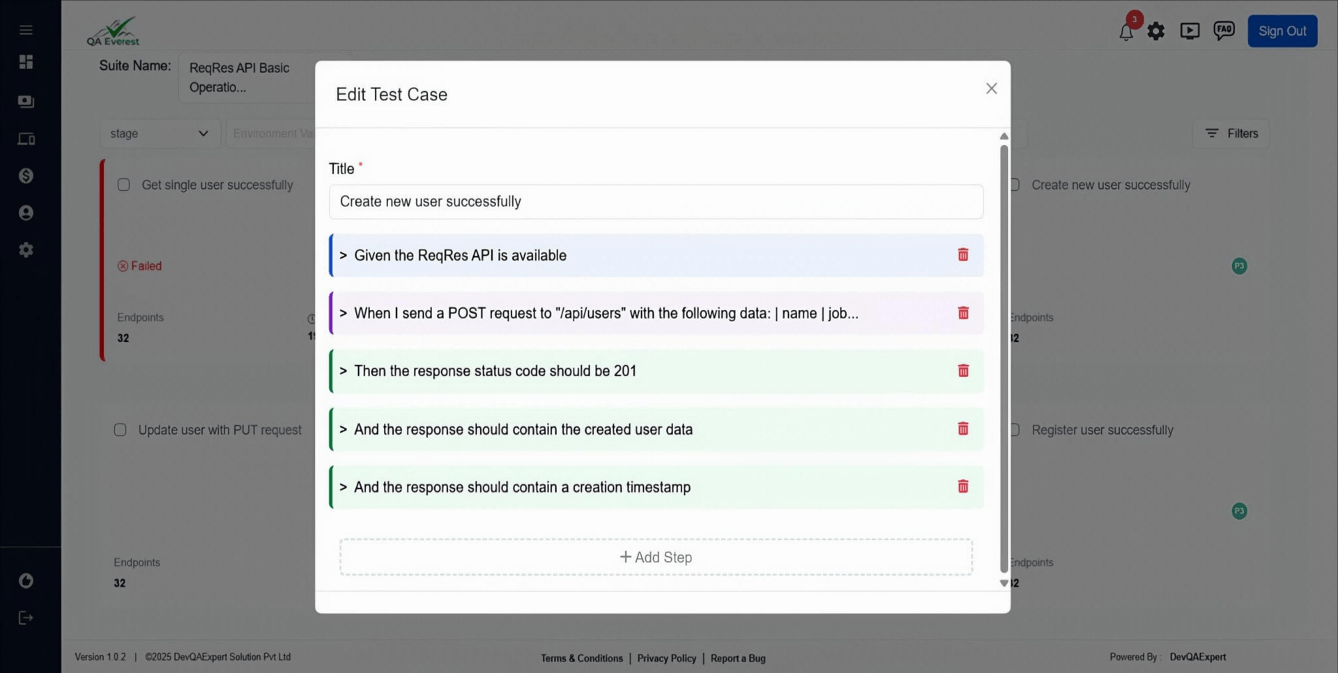 QAEverest API test case configuration panel