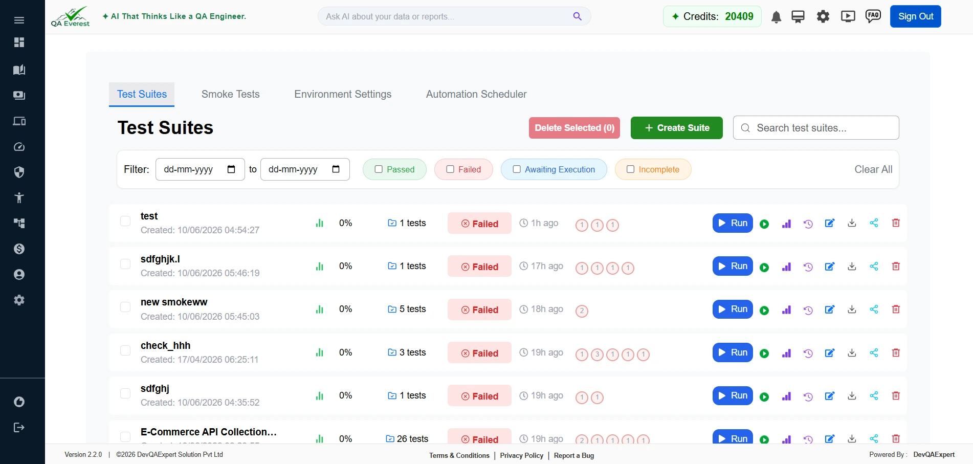 Main dashboard showing the Create Suite button used to start a test suite