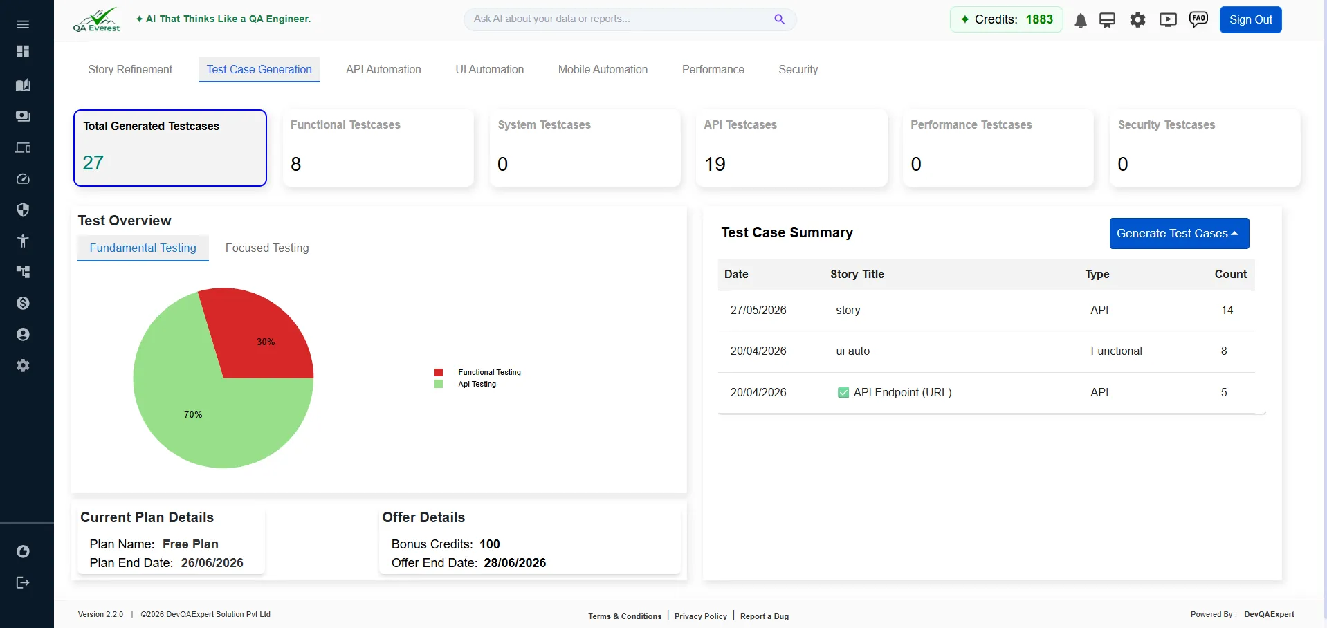 QAEverest generate test cases page screenshot