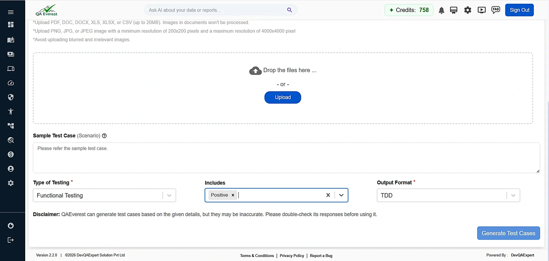Functional Testing interface showing automated test case generation