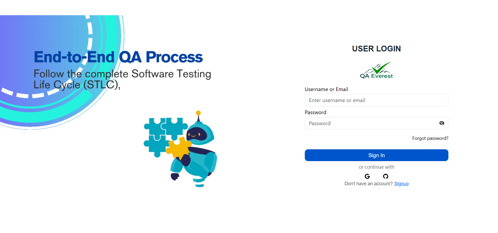 QAEverest sign in credentials form screenshot