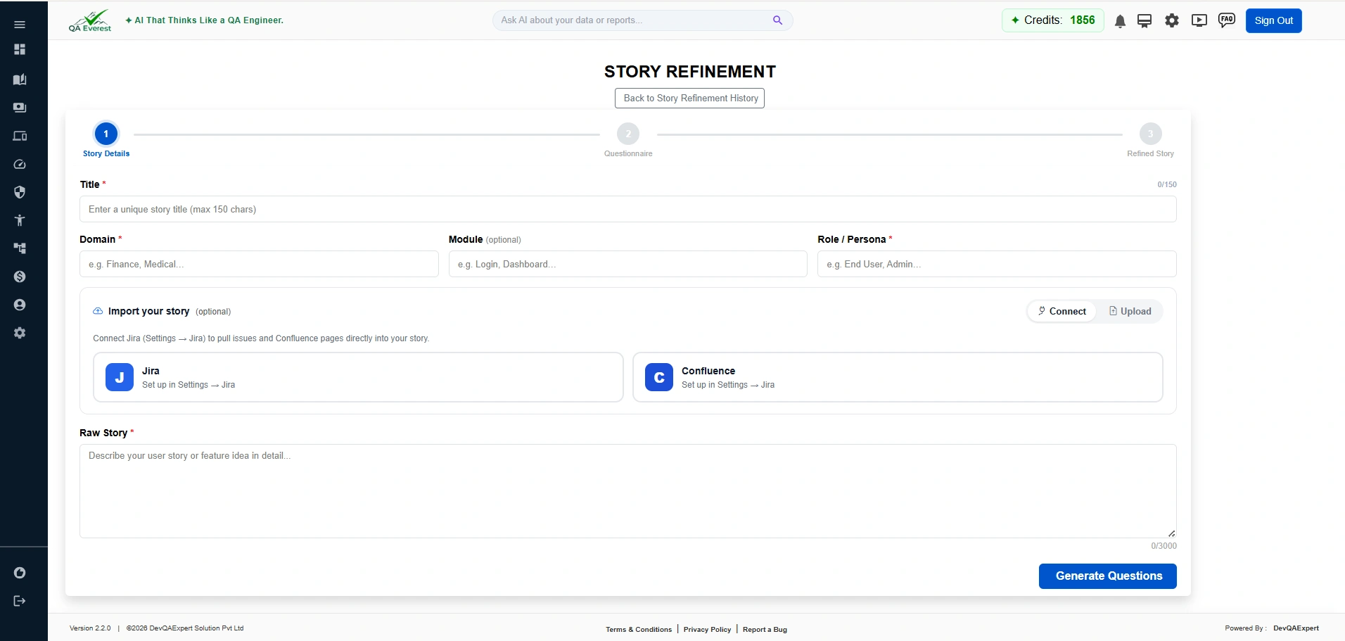 Generating test cases from a refined story