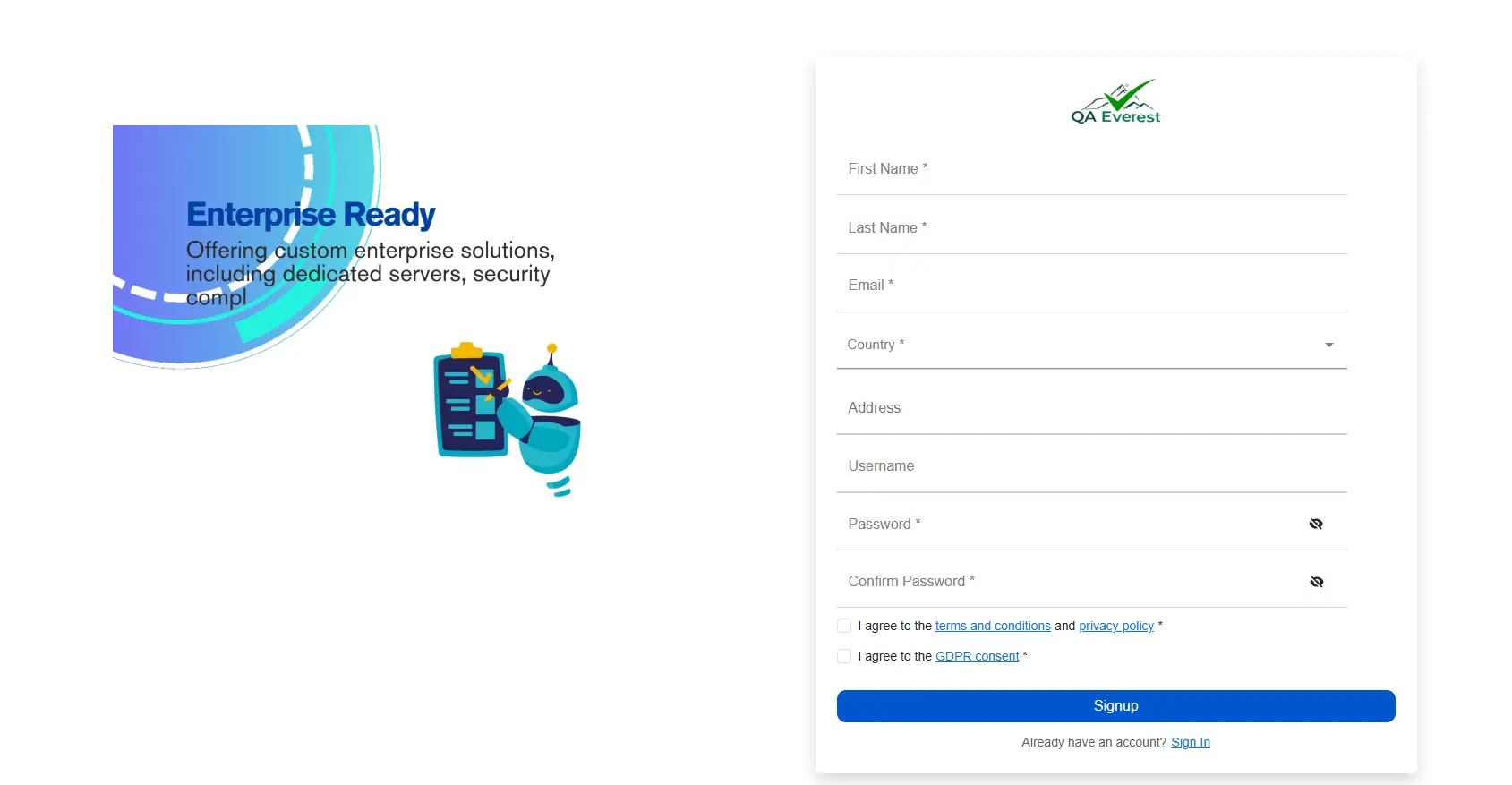 QAEverest registration form screenshot