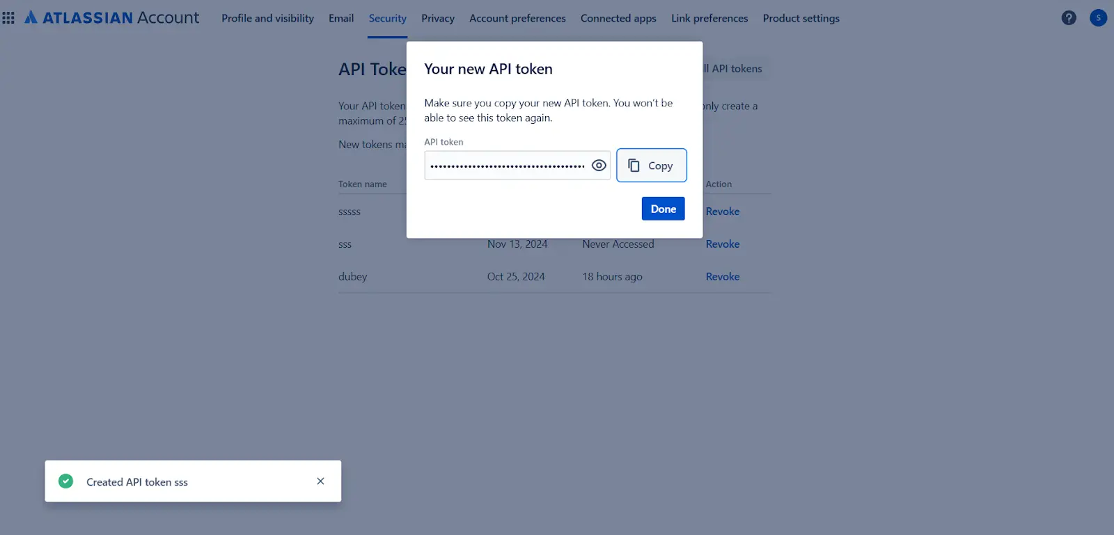 API token settings screenshot