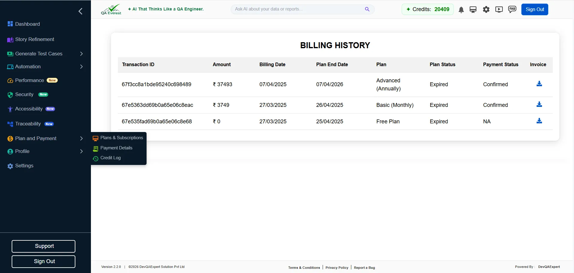 QAEverest billing history page screenshot