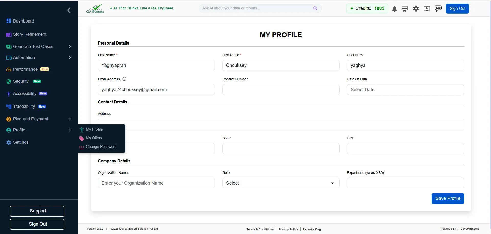 Personal details page under My Profile with the Save Profile button