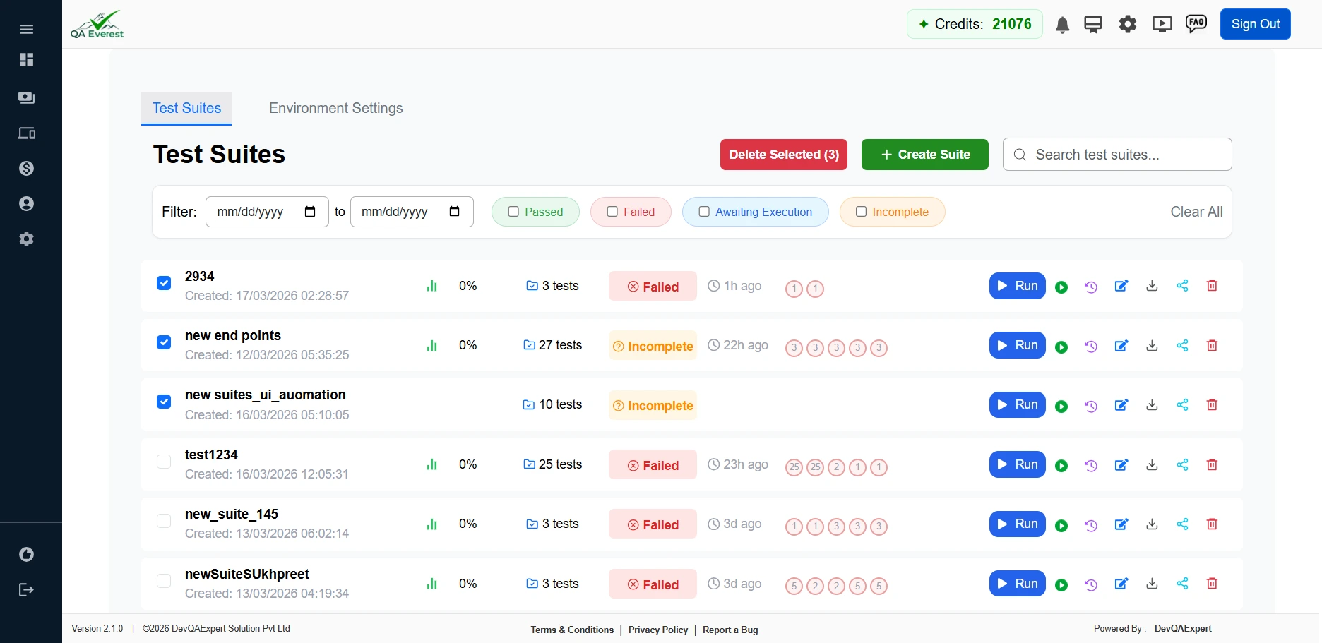 Test suites list with several suites checked and the Delete Selected button