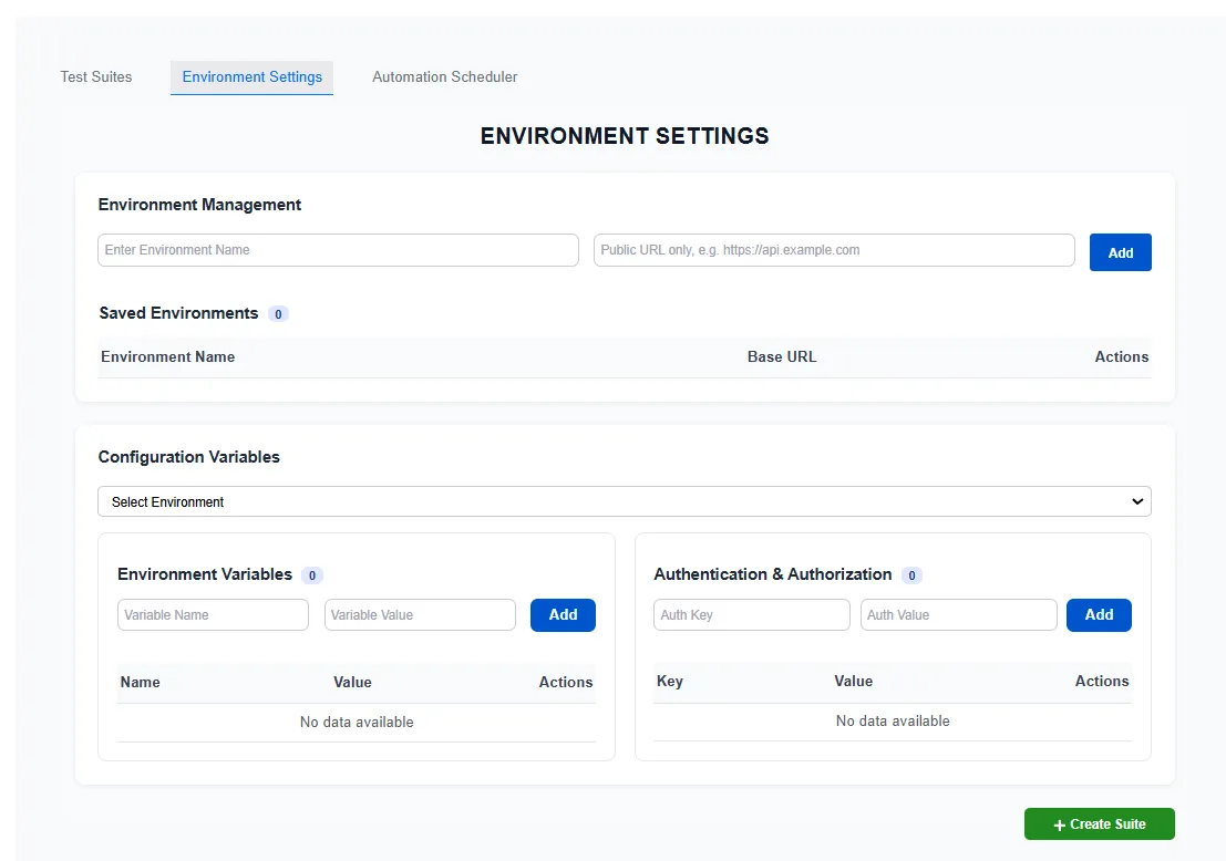 Environment Settings page with environment name, base URL and variables filled in