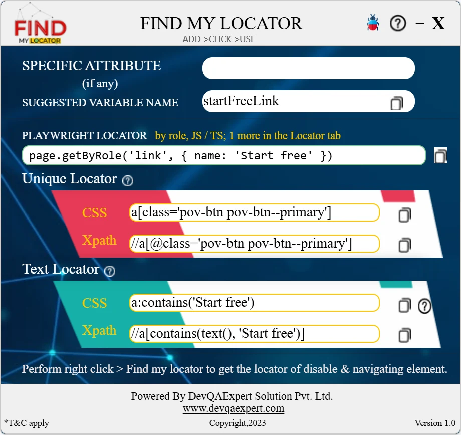 Find My Locator panel showing Playwright, CSS and XPath locators for a clicked link