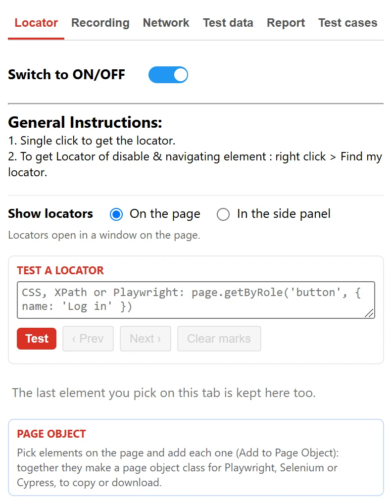 Find My Locator extension popup with Locator, Recording, Network, Test data, Report and Test cases tabs