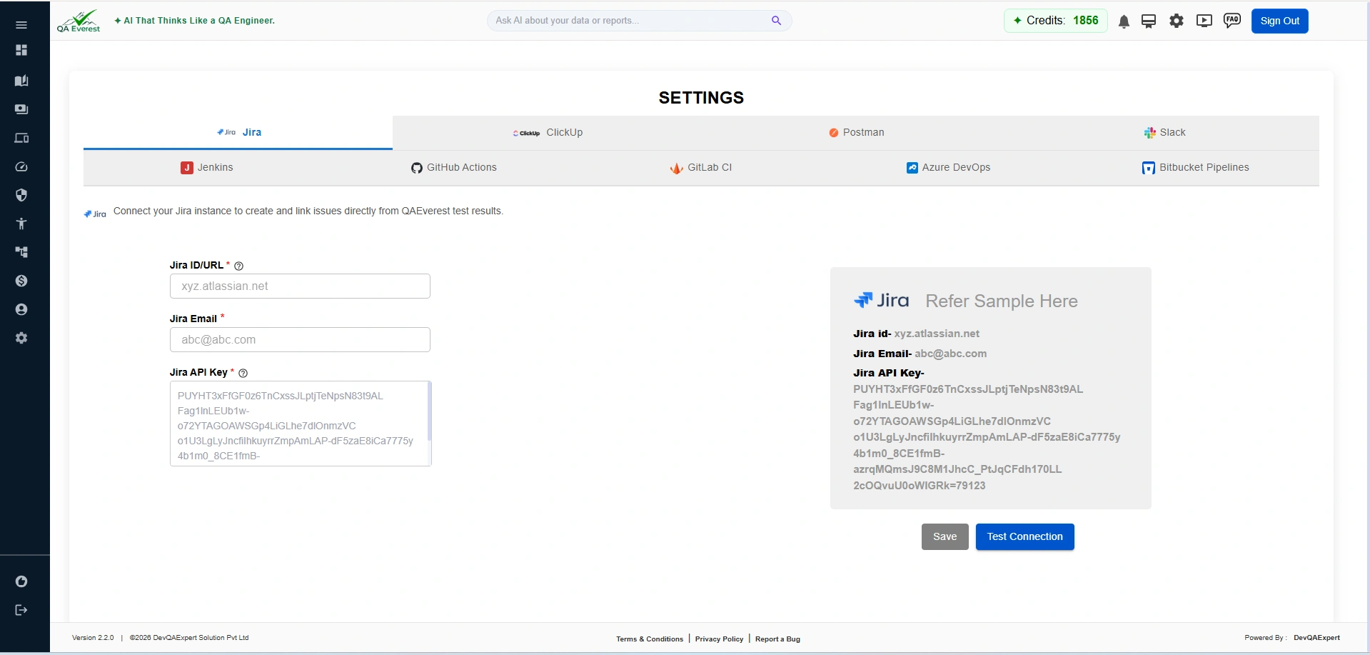 Jira integration settings screenshot