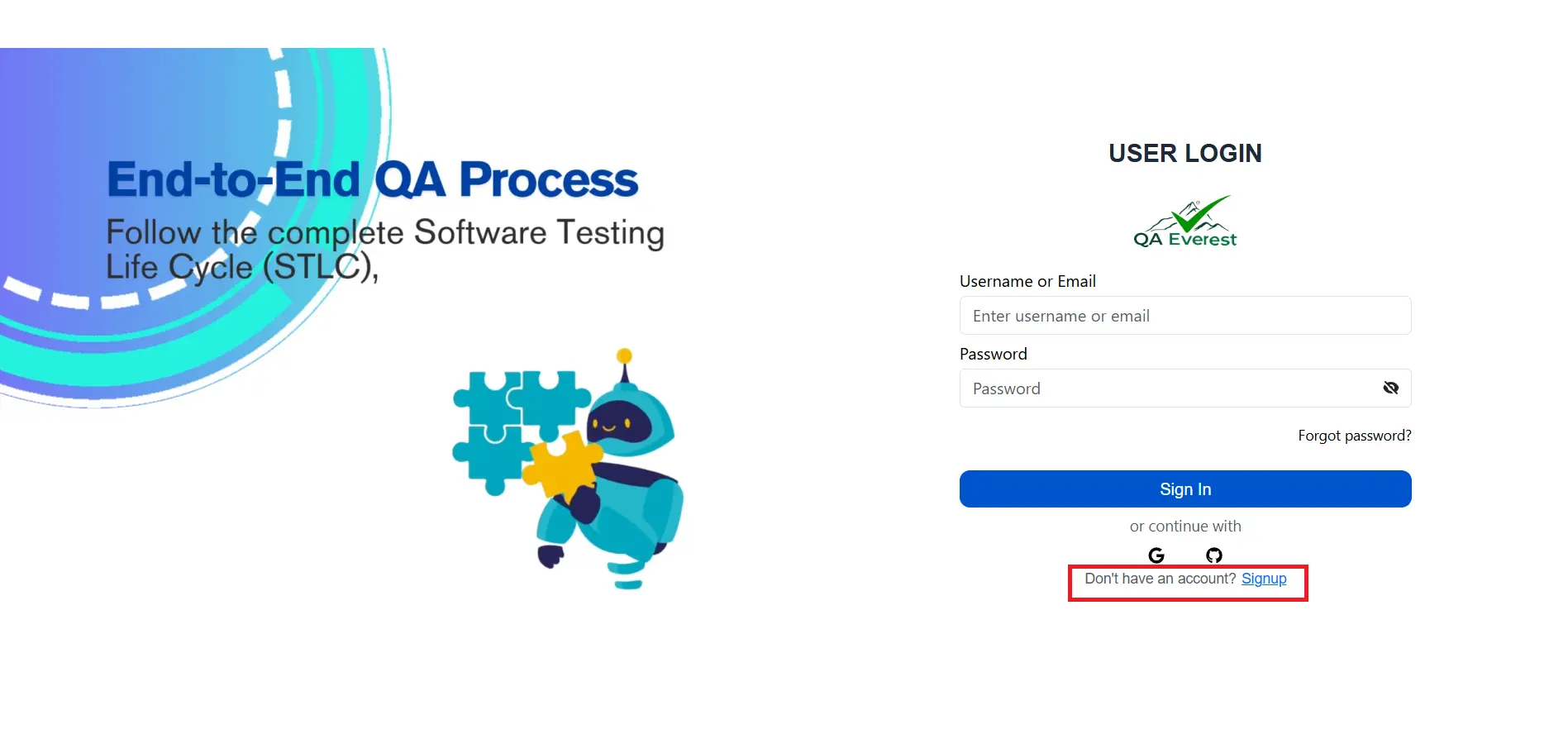 QAEverest sign up page screenshot