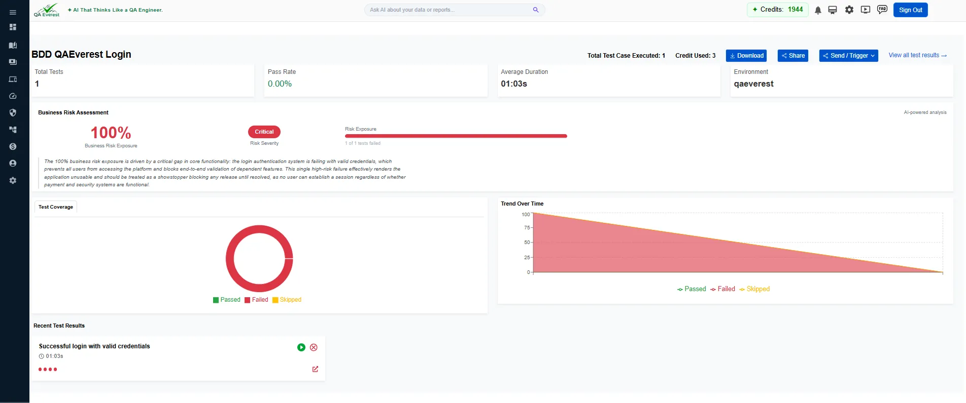 Test case results view showing pass or fail status with execution logs