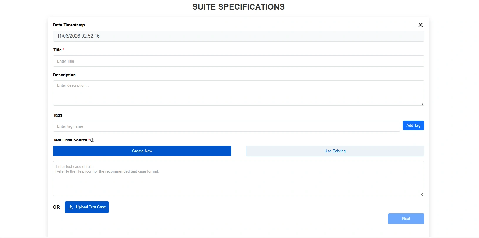 Suite specification form with title, base URL and environment name fields