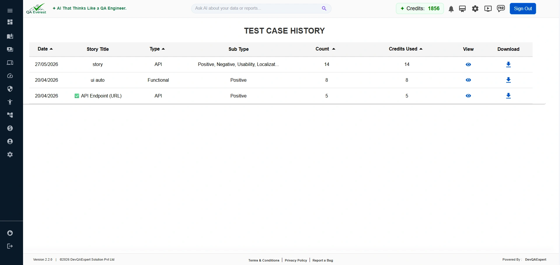 QAEverest test case history page screenshot