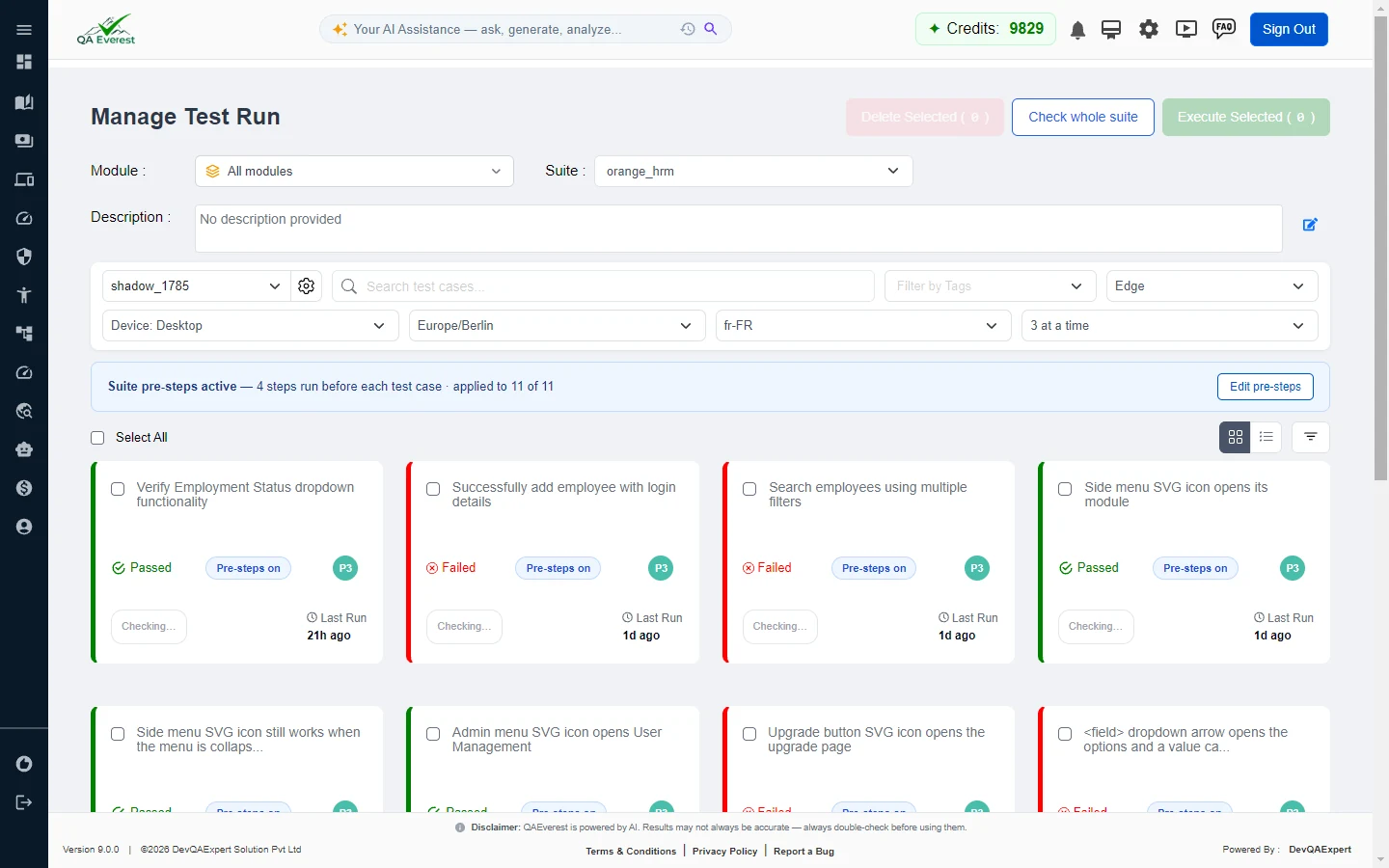 Edit Suite page of a UI Automation suite, with the run-settings toolbar above the test case cards